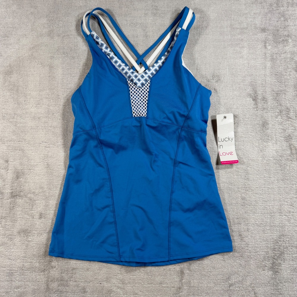Lucky in Love Shirt Women XS Blue Tennis Tank Top Vaportex Strappy Mesh